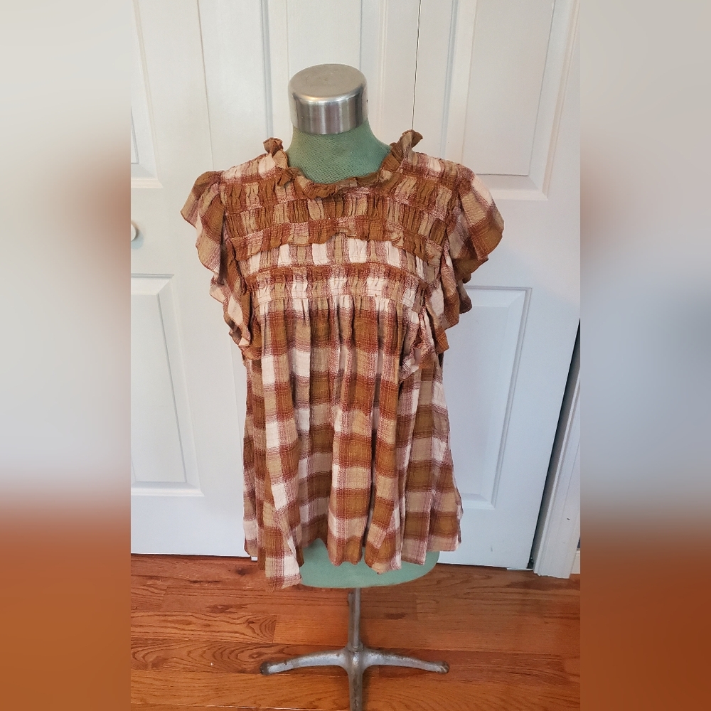 Free People Plaid Ruffle Sleeve Blouse - Brown and Cream